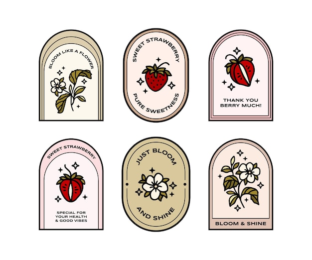 Vintage handgetekende biologische aardbeienplant en bloemen sticker label badge collectie met citaten