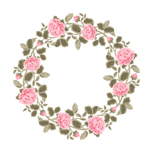 Vector vintage handgetekende bruiloft shabby chique roze roos bloem frame krans met bladtak en bloemenknop