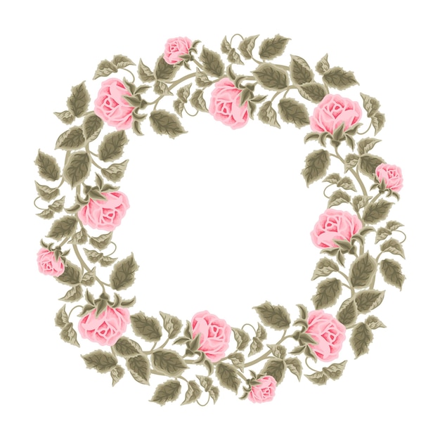 Vintage handgetekende bruiloft shabby chique roze roos bloem frame krans met bladtak en bloemenknop