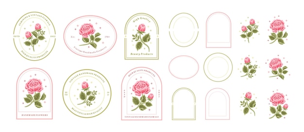 Vintage Handgetekende Roze Roos Bloemen Logo Element Collectie