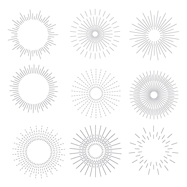 Vintage handgetekende sunburst stralen explosie zwarte stralen Sunrise vuurwerk starburst burst set Vector