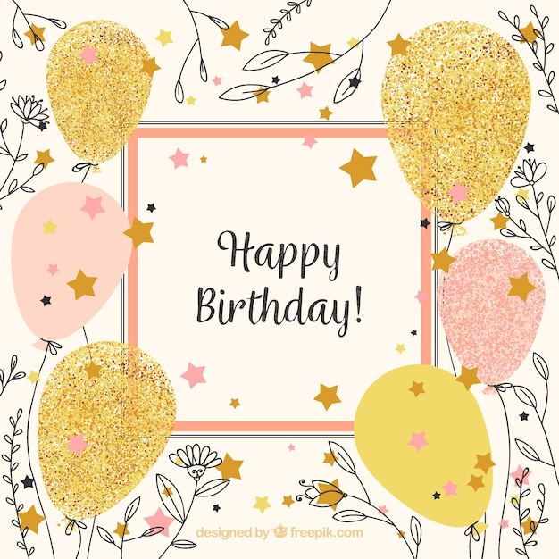 Vintage happy birthday background con palloncini e schizzi di fiore