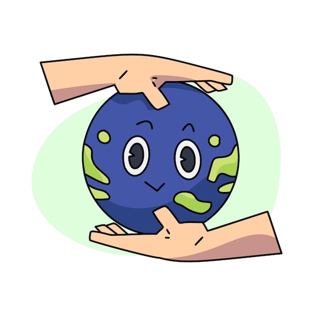 Vintage happy cute Earth planet character mascot being held in high esteem by hand Vector illustration
