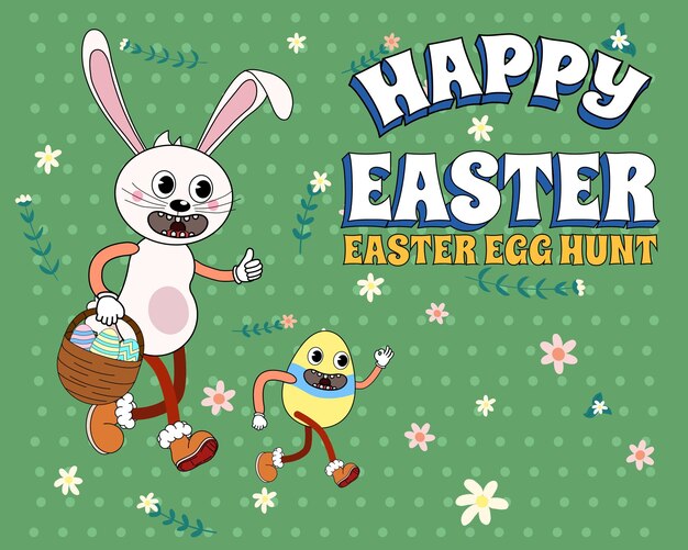 Vector vintage happy easter groovy cartoon banner retro grappig konijn met ei paaseier jacht