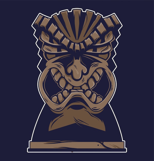 Vector vintage hawaii tribal angry tiki mask illustration.