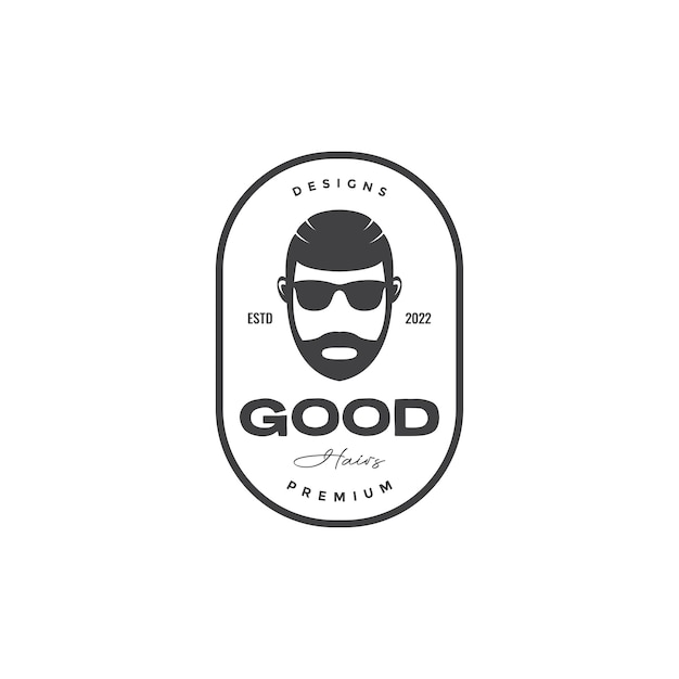 Vintage head cool man hairstyle and sunglasses badge logo design vector graphic symbol icon illustration creative idea