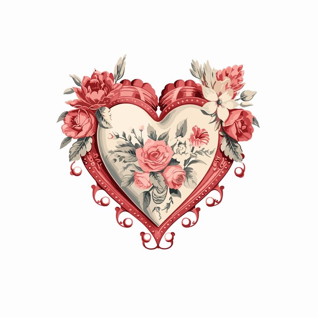 Vector vintage heart made of roses and flowers valentines vector illustration with white background