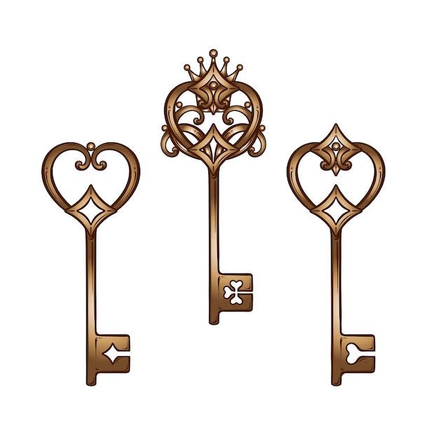 Старинные бронзовые антикварные ключи от скелета в форме сердца Набор нарисованных вручную изолированных векторных иллюстраций