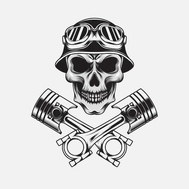 Vintage helmeted skull with piston 