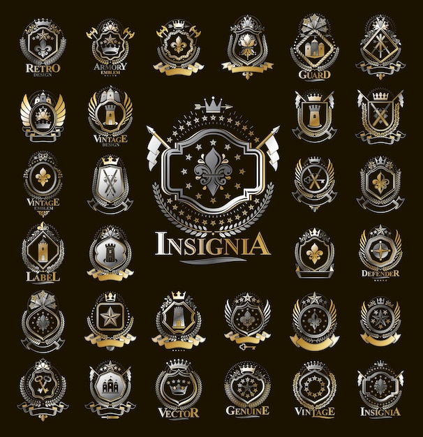 Emblemi araldici vintage vettore grande set, distintivi simbolici araldici antichi e collezione di premi, elementi di design in stile classico, emblemi di famiglia.