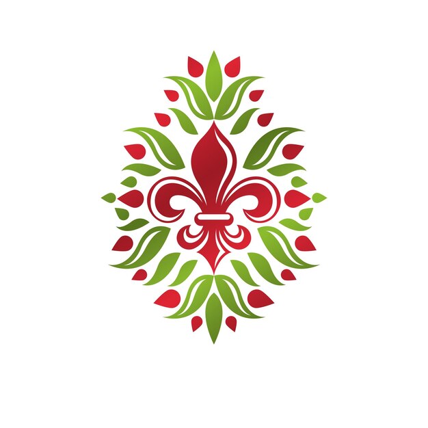 Logotipo vettoriale araldico vintage realizzato utilizzando il simbolo reale del fiore di giglio con un bel fiore. simbolo del prodotto ecologico, illustrazione del tema della qualità del re.