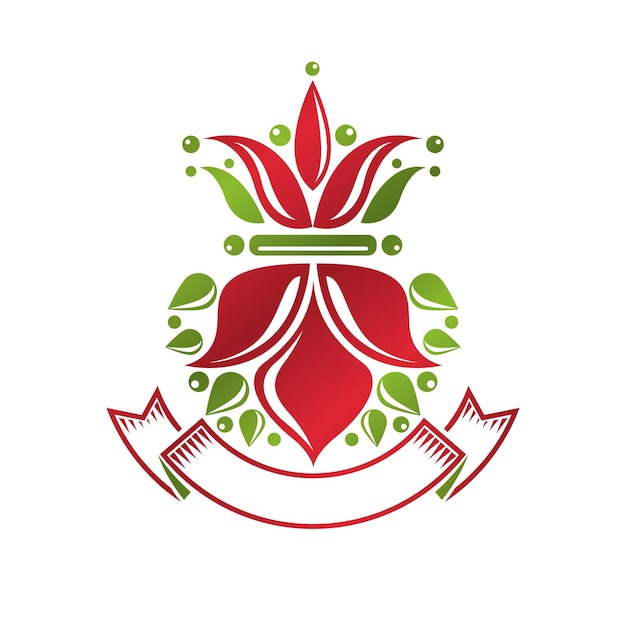 Vettore logotipo vettoriale araldico vintage realizzato utilizzando il simbolo reale del fiore di giglio con un bel fiore. simbolo del prodotto ecologico, illustrazione del tema della qualità del re.