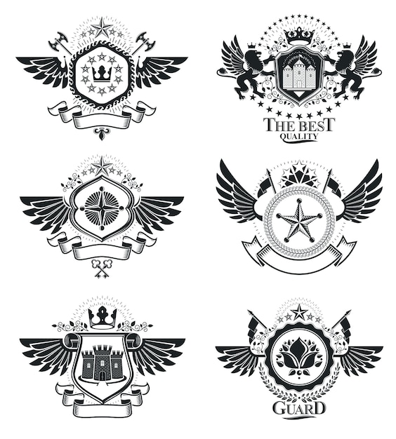 Vintage heraldiek ontwerpsjablonen, vector emblemen. Verzameling symbolen in vintage stijl.
