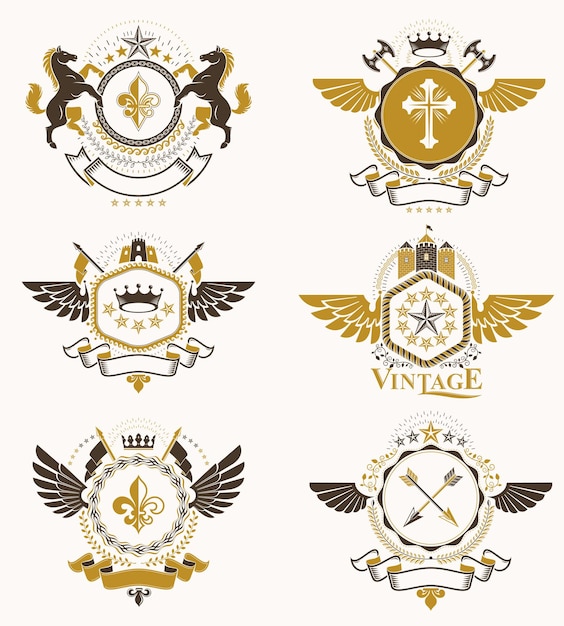 Vector vintage heraldiek ontwerpsjablonen, vectoremblemen gemaakt met vogelvleugels, kronen, sterren, arsenaal en dierenillustraties. collectie vintage stijl symbolen.