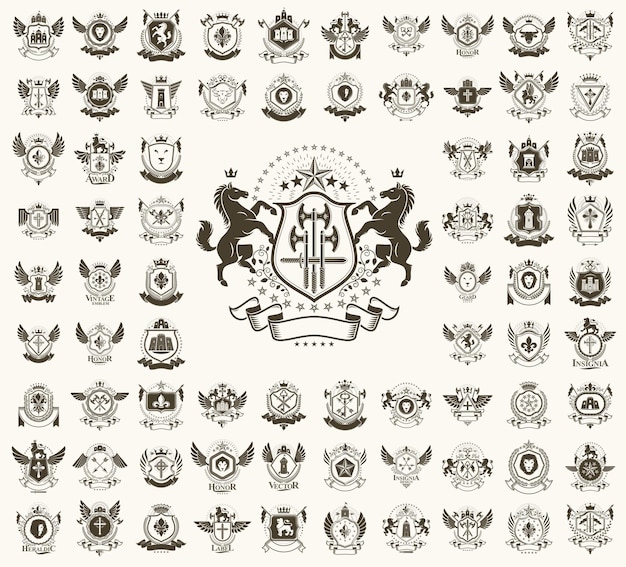 Vintage heraldische emblemen vector grote set antieke heraldiek symbolische badges en prijzen collectie klassieke stijl ontwerp elementen familie emblemen
