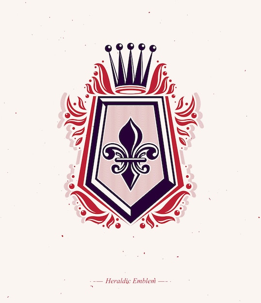 Vintage heraldische insignes gemaakt met monarch kroon en lelie bloem koninklijk symbool. eco-vriendelijk productsymbool, koningskwaliteitsthema-illustratie, beschermingsschild.