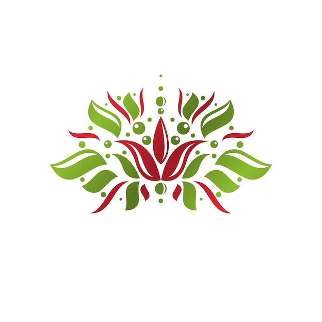 Vintage heraldische vector embleem gemaakt met lily bloem koninklijk symbool. Eco product symbool, biologische en gezonde voeding thema illustratie.