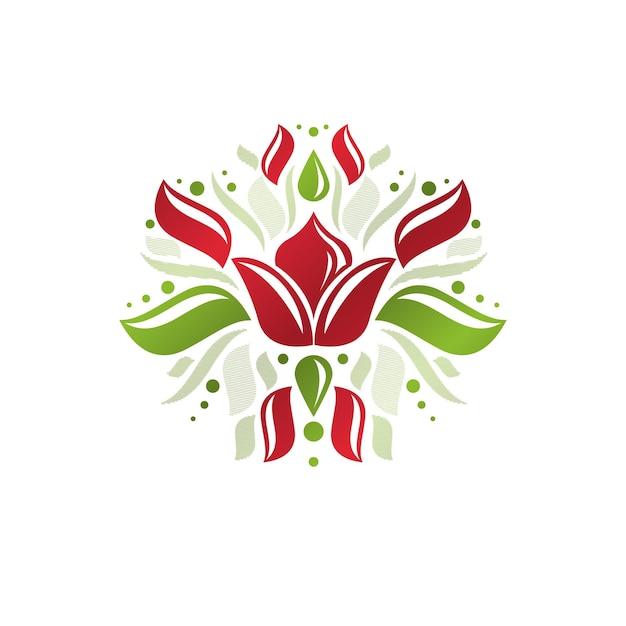 Vintage heraldische vector embleem gemaakt met lily bloem koninklijk symbool. Eco product symbool, biologische en gezonde voeding thema illustratie.