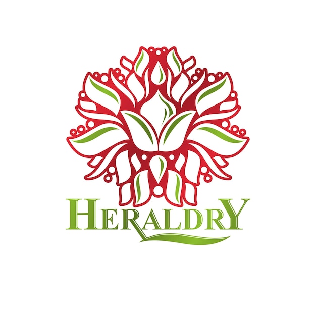 Vintage heraldische vector insignes samengesteld met lily bloem koninklijk symbool. Eco vriendelijk product logo, milieubescherming thema illustratie.