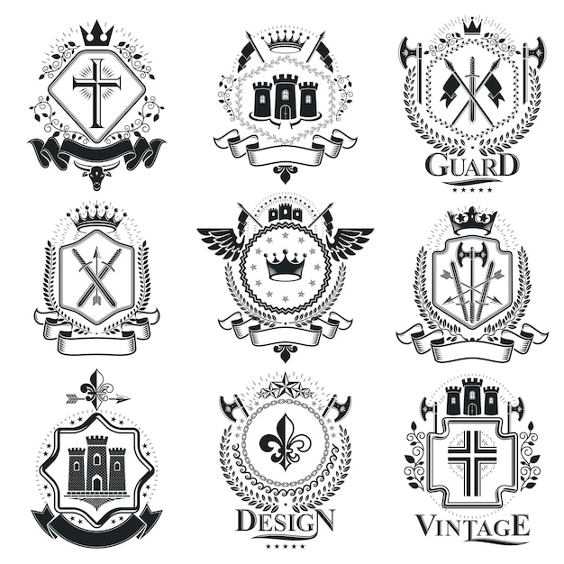 ヴィンテージ紋章デザインテンプレート、ベクトルエンブレム。ヴィンテージスタイルのシンボルのコレクション。
