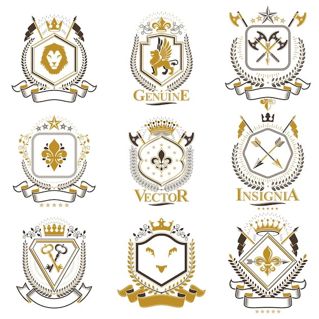 ベクトル ビンテージの紋章デザイン テンプレート、鳥の翼、王冠、星、武器庫、動物のイラストで作成されたベクトル エンブレム。ビンテージ スタイルのシンボルのコレクション。