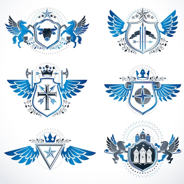 Vintage heraldry design templates, vector emblems created with bird wings, crowns, stars, armory and animal illustrations. Collection of vintage style symbols.