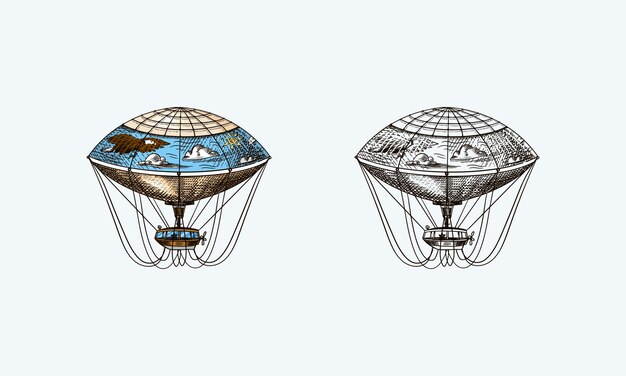 Vector vintage hete luchtballon retro vliegend luchtschip met decoratieve elementen sjabloon