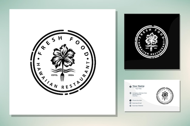 Vettore ispirazione per il design dell'emblema del logo del bar del ristorante hawaii hibiscus fork vintage
