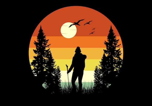 Vintage Hiking Background Illustration, People Silhouette, Hiking t shirt