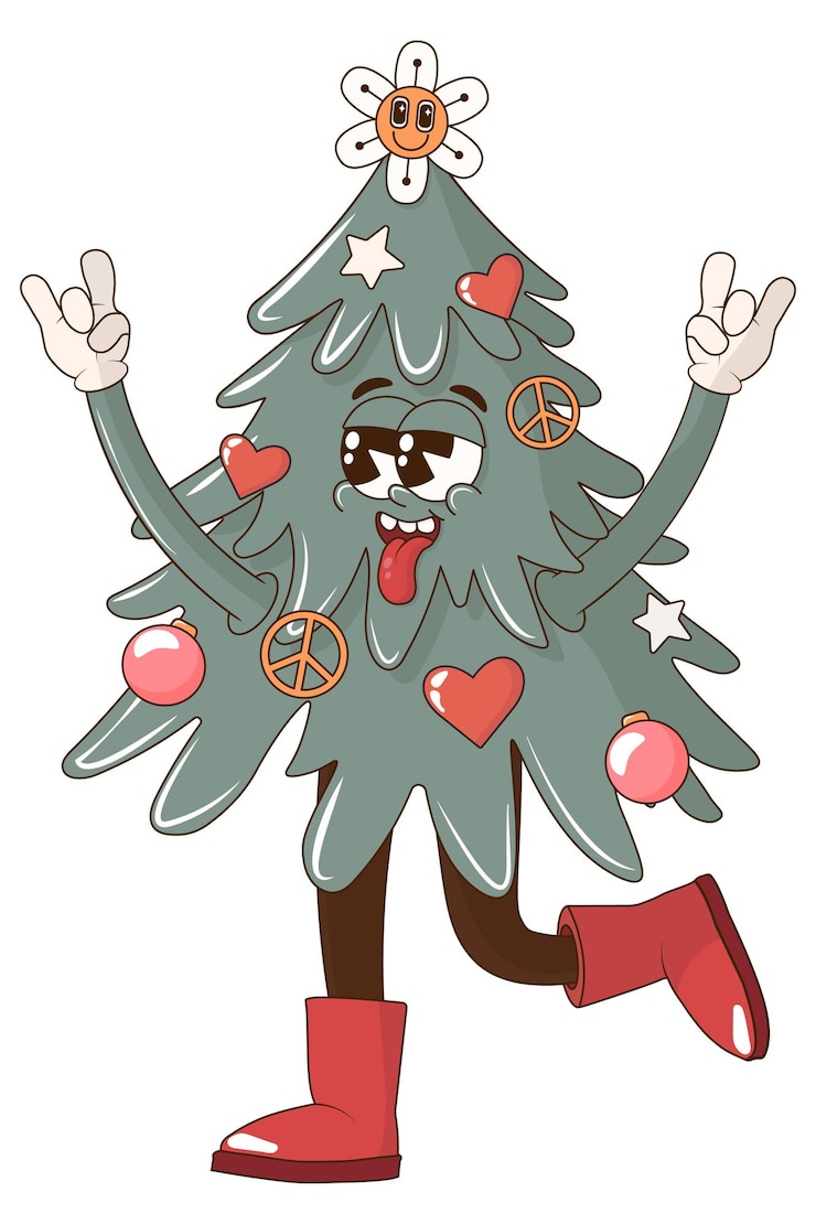 Vector vintage hippie retro merry christmas and happy new year christmas tree character