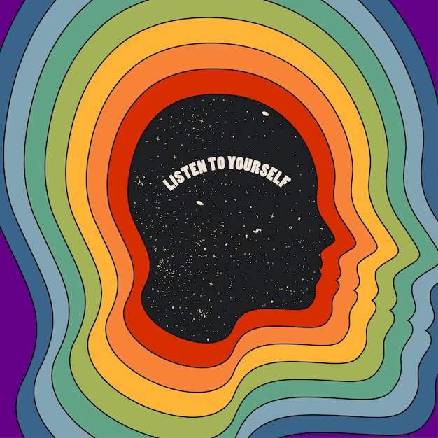 Vintage hippie styled motivation illustration with human head silhouette with starry night texture