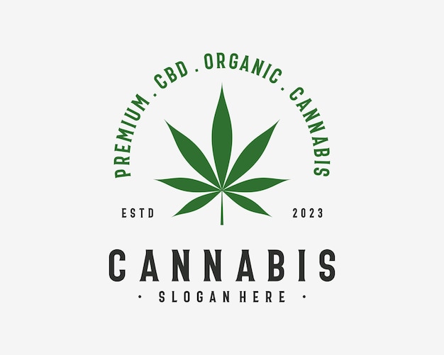 Vintage hipster retro cannabis hemp weed marijuana ganja leaf classic premium vector logo design