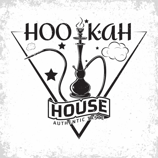 Vector vintage hookah lounge logo design, emblem of hookah club or house, monochrome typography emblem, print stamps with easy removable grange