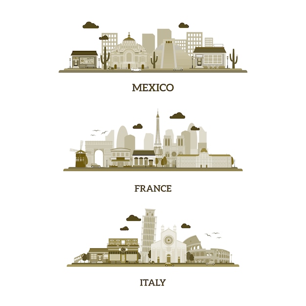 Vintage horizon van Frankrijk, Italië en Mexico