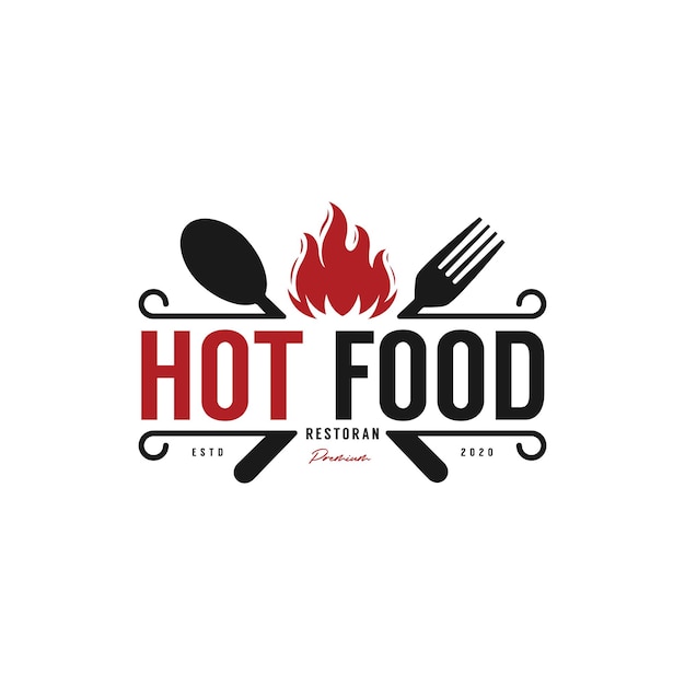 Vector vintage hot food restaurant logo with spoon fork flame icon design template