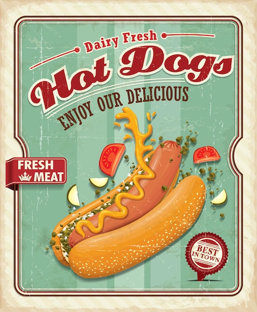 Vector vintage hotdog posterontwerp met tomaat relish uienworst amp bun