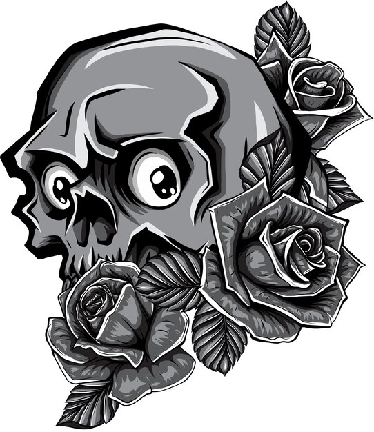 Vector vintage human skull tattoo concept with rose flowers isolated vector illustration