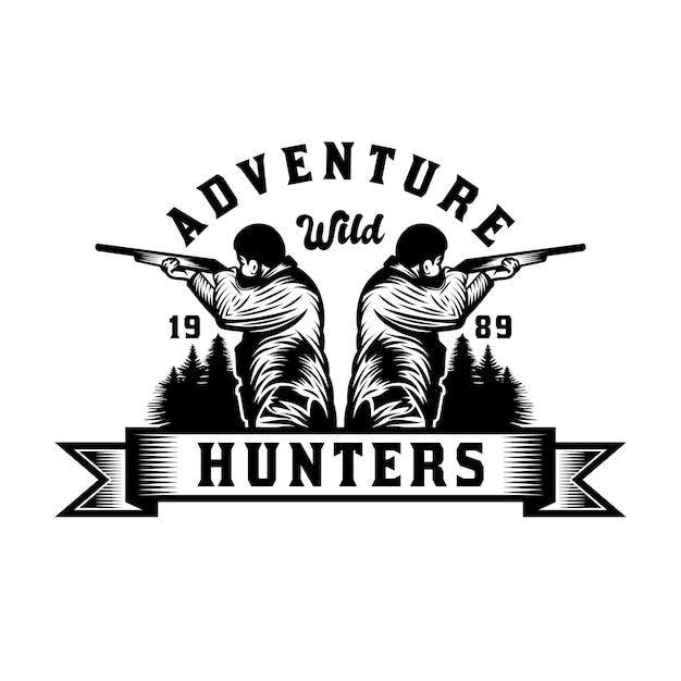 Vintage hunter with gun hunting and adventure emblem badge