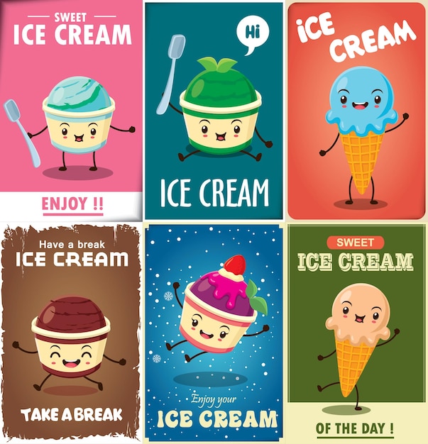 아이스크림 캐릭터가 있는 빈티지 아이스크림 포스터 디자인 세트