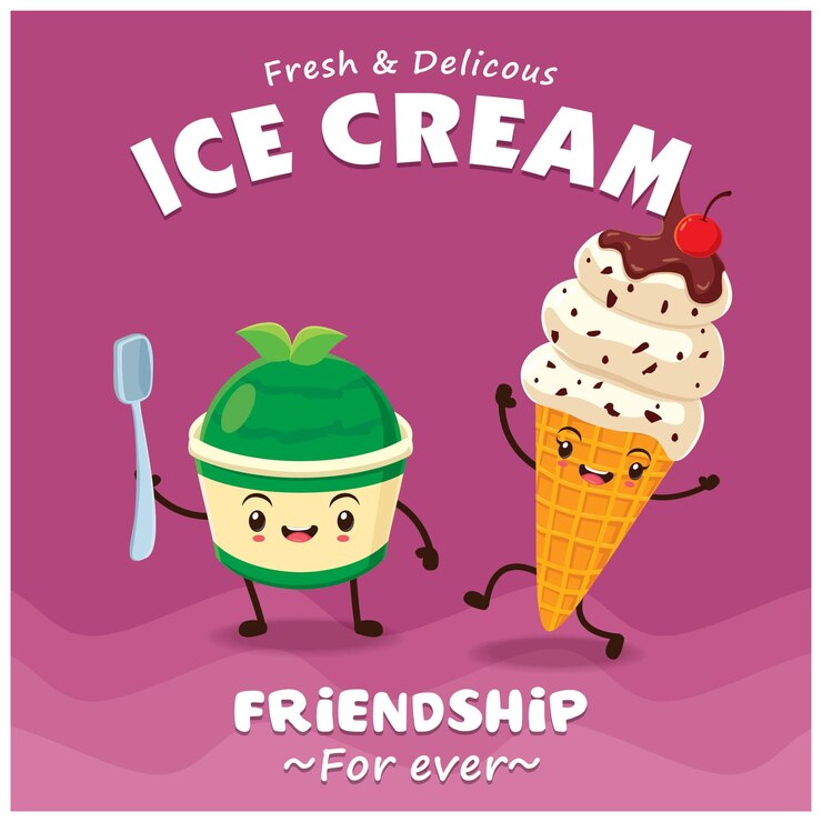 Vector vintage ice cream poster design with vector ice cream character.