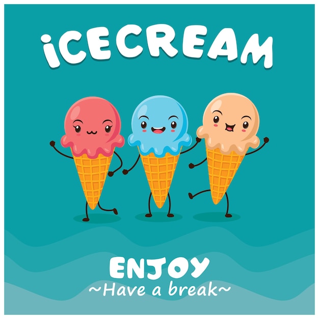 Vintage ice cream posterontwerp met ijskarakter