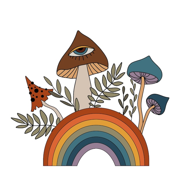 Vector vintage illustratie met regenboog, bloemen en psychedelische paddestoelen. retro jaren 70. hippie stijl vector