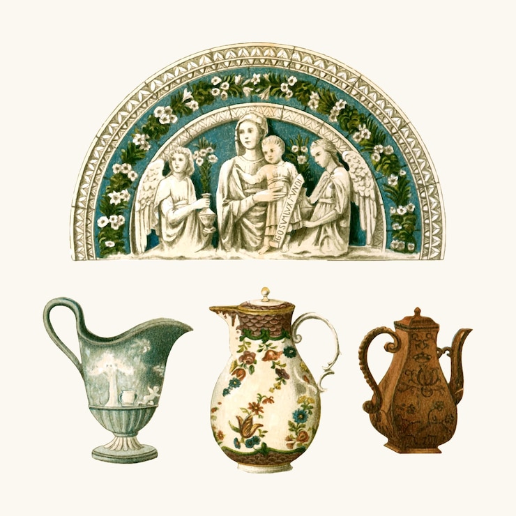 Vector vintage illustraties van keramische objecten uit de 14e tot de 18e eeuw