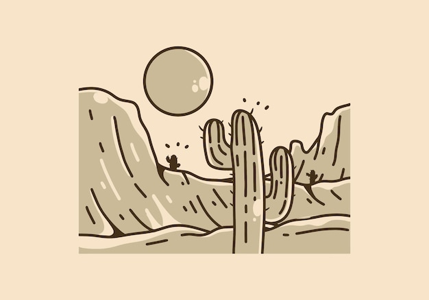 Vector vintage illustration of cactus on the desert