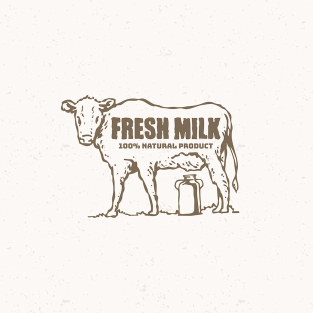 Vector vintage illustration of cow with milk label