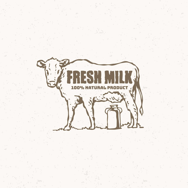 Vintage illustration of cow with milk label