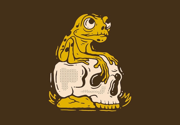 Vector vintage illustration drawing of frog character perched on the skull