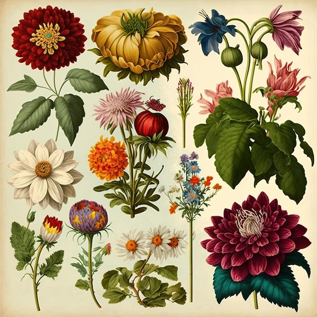 Un'illustrazione vintage di fiori e foglie.