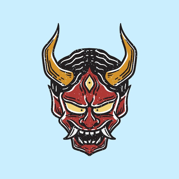 Vintage illustration of japanese devil mask on blue background