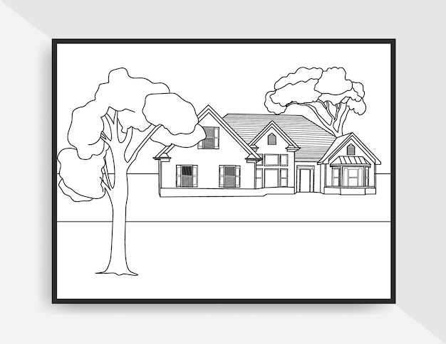 ページを着色するための家の風景の手描きのヴィンテージイラスト線画